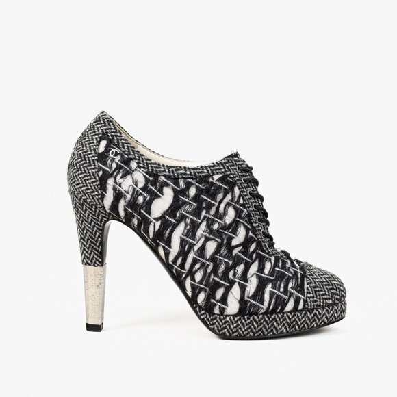Chanel G27462 Wool Tweed Lace Up Silver Heel Booties - Picture 1 of 13